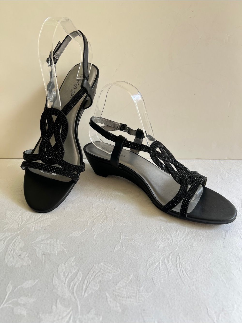 London Fog Dressy Black Jewelled Low Wedge Sandals Size 10